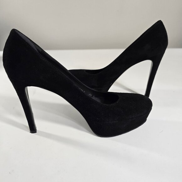 Stuart Weitzman Black Suede Platform Pumps Round Toe 7.5 N 5" Stiletto Heel - Picture 2 of 16